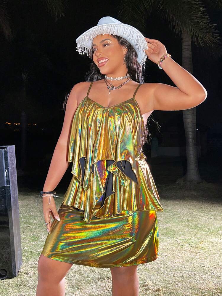 Plus Size Metallic Fabric Ruffle Trim Cami Dress