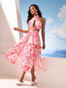 GENKIRA Romantic Heart Print Cross Halter Waist-Baring Vacation Dress - Multicolor - View 1