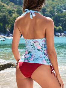 SHEIN Summer Maternity Flower Printed Halter Neck Top And Solid Triangle Bottoms Swimwear Set