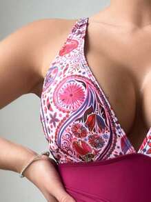 SHEIN Swim 夏季拼接印花V领修身连体泳衣 - 中紫紅色 - 查看 4