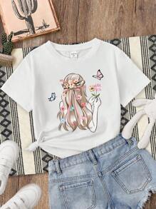 SHEIN Teen Girl Casual & Minimalistic Short Sleeve T-Shirt With Back & Hair Print Suitable For Summer