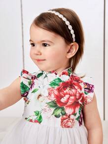 SHEIN Baby Girl Chinese Style Cheongsam Dress With Flower Print, Mesh Contrast And Ruffle Trim