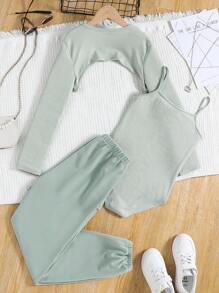 Tween Mädchen Set aus schlichtem, langärmligem Crop-Top, Camisole-Bodysuit und Jogginghose