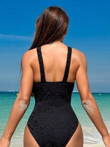 SHEIN Swim Maillot de bain une pièce ajusté slim avec découpes de couleur unie pour l'été