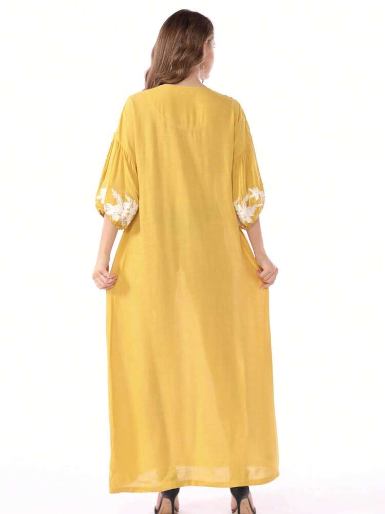 فستان نسائي إماراتي أنيق مطرز بالورود، جلابية تقلي...