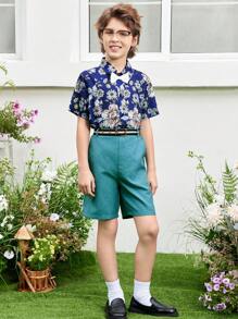 SHEIN Tween Boys' Elegant Flower Pattern Short Sleeve Shirt With Bow Tie And Belted Shorts Set - Blue - View 6