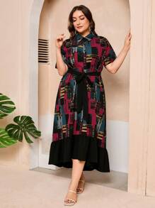 Mulvari Plus Size Women's Printed Shirt Dress With Patchwork Design - Multicolor - View 5