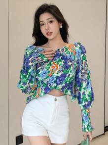 DAZY Women's Floral Printed Cross Off Shoulder Blouse,Fall Women Clothes Long Sleeve Top Vacation Outfits Women Easter Boho - Multicolor - View 6