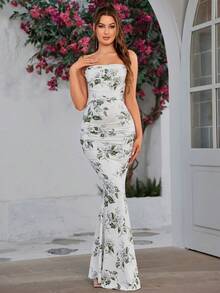 PARTHEA Women's Backless Mermaid Ruched Floral Print Bodycon Dress - White - View 7