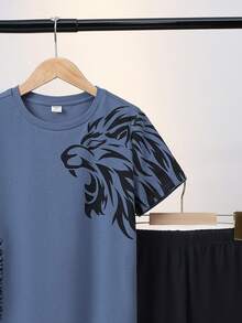 2pcs Tween Boy Summer Loose Casual Lion Graphic T-Shirt And Shorts Knit Loungewear Set - Dusty Blue - View 3