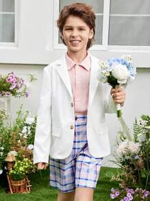 SHEIN Conjunto de blazer y pantalones cortos tejidos sólidos con solapa elegante y suelta para niño preadolescente en color blanco - Blanco - Ver 3