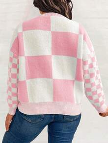 SHEIN LUNE Plus Size Round Neck Long Sleeve Checkerboard Sweater - Multicolor - View 2