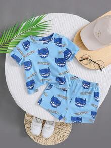 SHEIN 嬰兒男女休閒可愛卡通圖案針織短袖t恤短褲套裝 - 彩色 - 查看 4