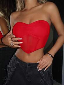 SHEIN ICON 女性不對稱襬紋打褶露肩束腰背心上衣 - 紅色 - 查看 4