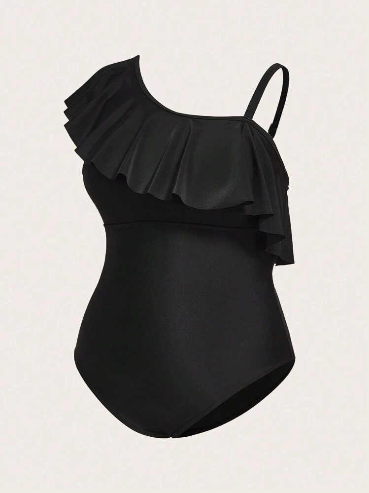 SHEIN Swim Oasis 2025 Plus Size Women One-Piece Swimsuit With Ruffled Asymmetric Neckline, Paired With Zebra Print Coverup & Skirt Summer - Black and White - View 4