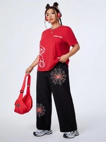 SHEIN EZwear CURVE Plus Size Spider Web Pattern Straight Pants With Diagonal Pockets - Black - View 7