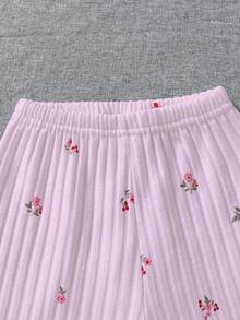 女孩淺紫色櫻桃印花長褲和長袖休閒家居套裝 - 淡紫色 - 查看 3