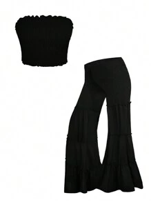 Breezaya Plus Size Women's Textured Strapless Top And Flared Pants Two Pieces Set