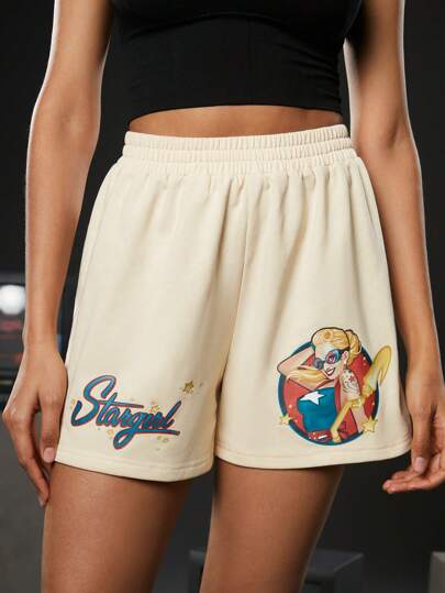 DC Women Core X SHEIN 卡通人物與字母圖形彈性腰短褲