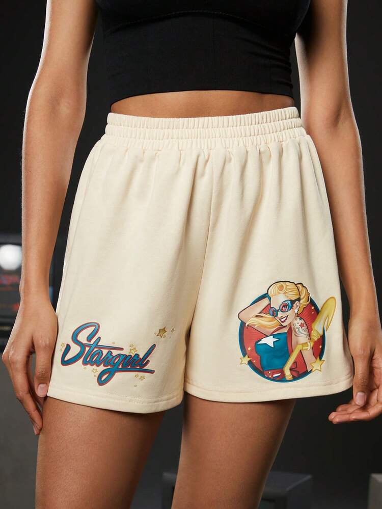 Cartoon Figure And Letter Graphic Elastic Waist Shorts