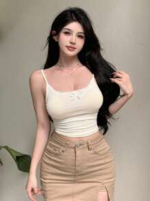 DAZY 女士纯色蕾丝拼接吊带背心上衣带蝴蝶结装饰外出上衣，返校服学院风上衣