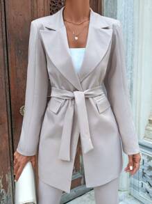 EURMUSE Lapel Neck Belted Blazer & Pants - Apricot - View 5