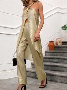 SHEIN Clasi Top Halter Collo Diviso In Metallo E Pantaloni A Gamba Dritta - Dorato - Visualizzare 6