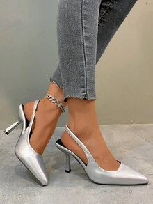 Thời trang Của phụ nữ Kích thước lớn Màu bạc Cao gót Da Dép xăng đan - Bạc - Xem 3