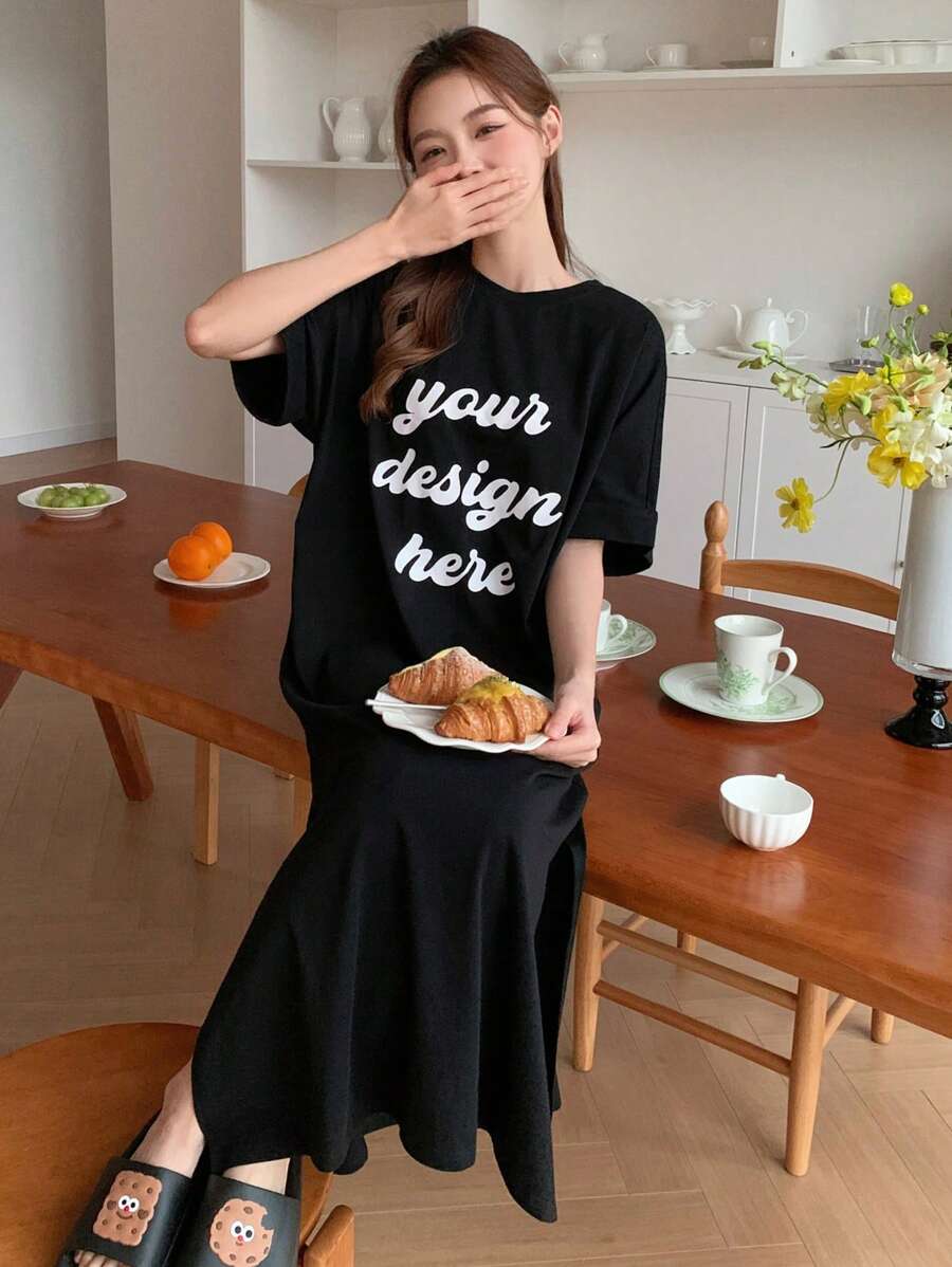 DAZY Loose Fit Homewear Lounge Dress With Letter Print Summer, Moo Moo Pajama