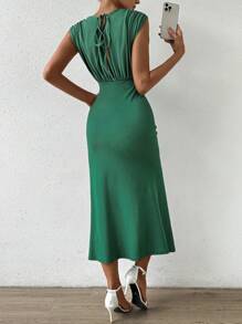 Chiquease Women's V-Neck Pleated Front And Back High Low Hem Dress - Green - View 2