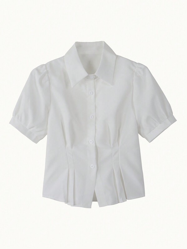 Women Plain Pleated Short Sleeve Blouse