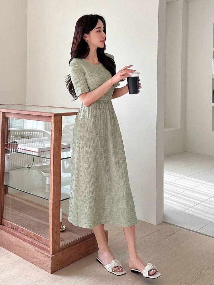 Solid Colored Textured Waist-Cinched Short Sleeve Midi Dress Summer Sundress,Casual Women Dresses Easter
