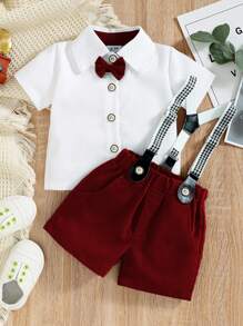 Set de 2 piezas de ropa para bebé niño con top de manga corta con botones y shorts bombacho