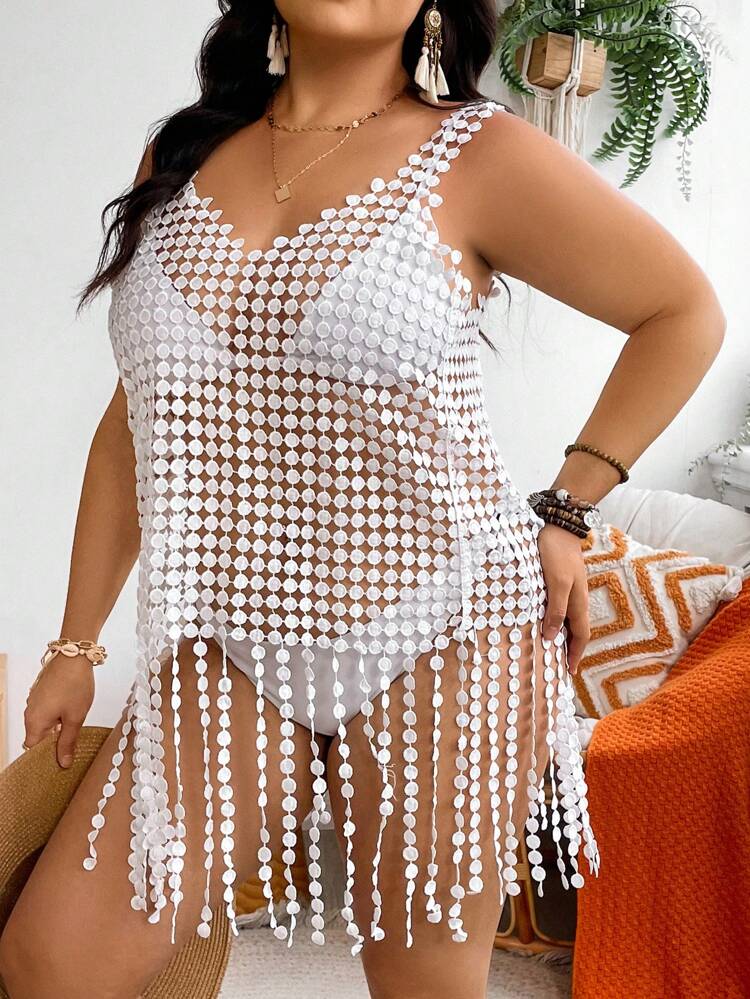 Plus Size Solid Color Fringed Hem See-Through Camisole Top