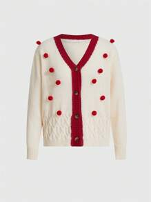 SHEIN Unity Women's Cardigan With Decorative Pom Poms And Single Breasted Closure Fall Cloth For Women - Apricot - View 1