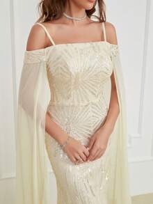 Women's Off-Shoulder Sequin Patchwork Mermaid Dress - Apricot - View 7