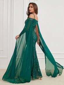 Vestido de manga larga con hombros descubiertos y bordado de lentejuelas - Verde Oscuro - Ver 3