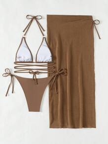 SHEIN Swim Summer Beach Solid Color V-Neck Halter Bra & Swim Bottom & Beach Cover Up Skirt Bikini Set Bathing Suit