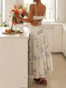 Breezaya Women's Sunflower Print Cami Dress With Cutout Back And Tie Back Straps Maxi Women Outfit