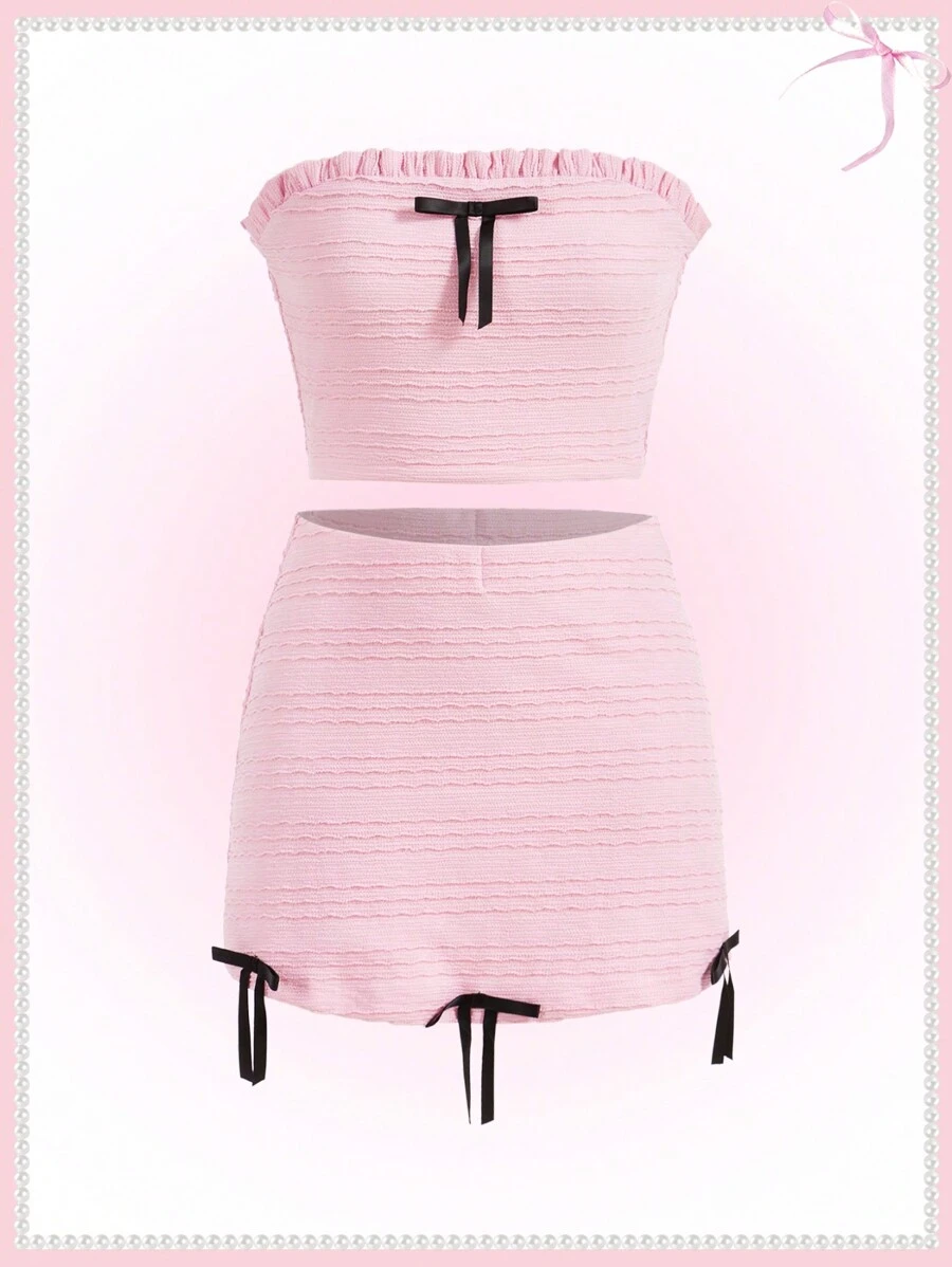 SHEINNeu Conjunto de duas peças de verão rosa com laço estilo balé kawaii - Rosa - Ver 1