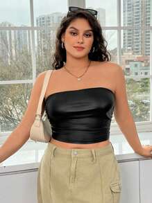 SHEIN EZwear 女士加大尺寸針織側收褶黑色背心上衣 - 黑色 - 查看 4