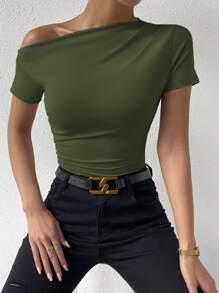 Xyvia 女款實色不對稱領口與褶皺休閒t恤 - 軍綠色 - 查看 4