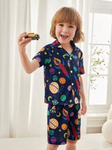 Young Boy Comfortable Planet Printed Pajama Set - Navy Blue - View 5