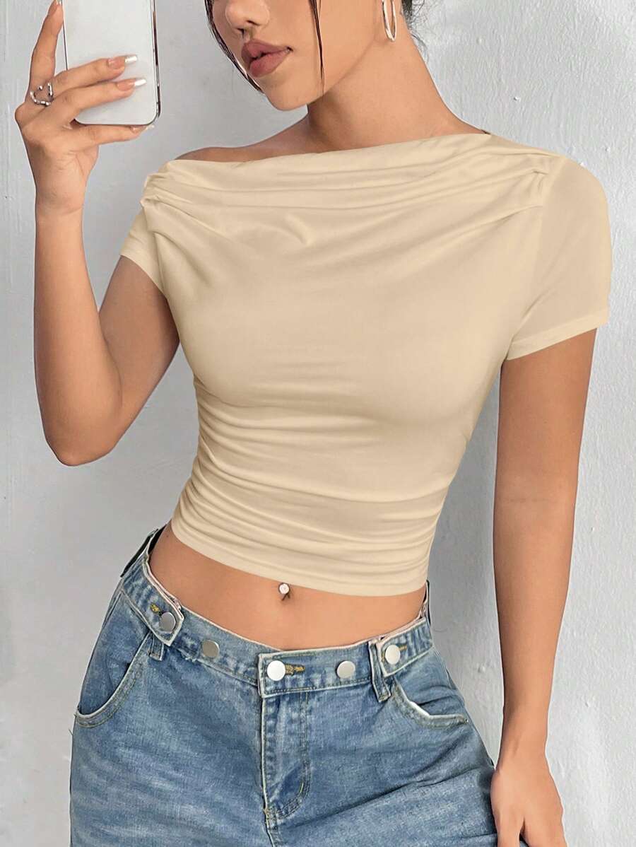 SHEIN Unity Solid Color Asymmetric Neckline Short Cropped T-Shirt With Pleats - Apricot - View 1