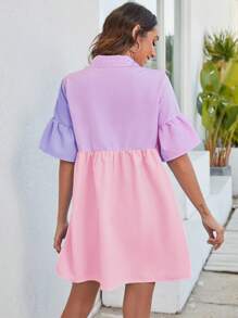 Chiquease 女性條紋喇叭袖襯衫裙,蕾絲邊設計 - 紫色 - 查看 2