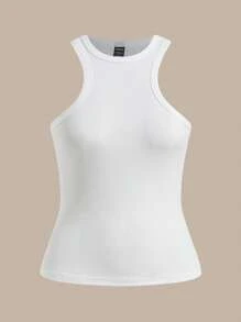 SHEIN BASICS Women's Solid Color Fitted Tank Top With Small Round Neckline/Summer - White - View 6