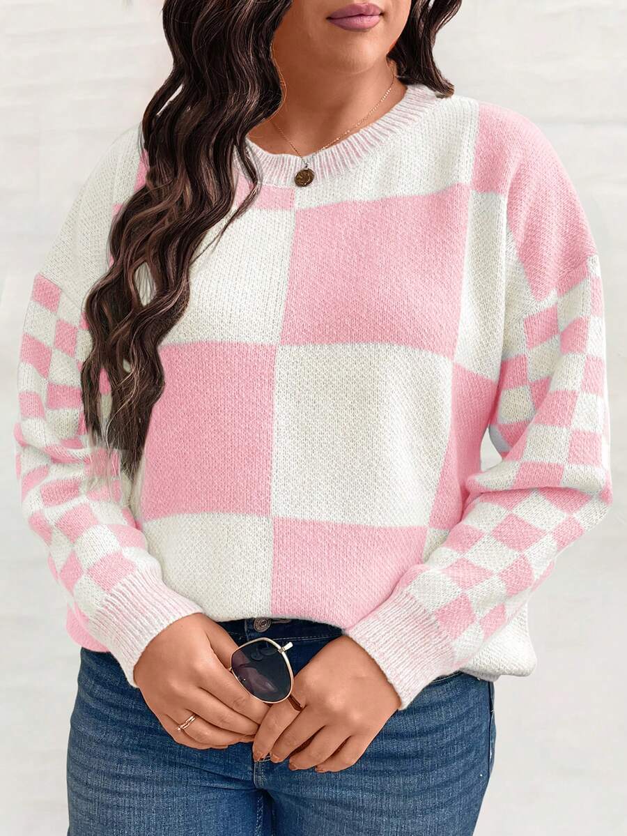 SHEIN LUNE Plus Size Round Neck Long Sleeve Checkerboard Sweater - Multicolor - View 1