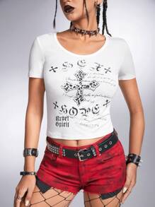 ROMWE Grunge Punk Punk Music Festival Style Leopard Print Cross & Slogan Printed Spider Web Hollow Out Slim T-Shirt - White - View 5