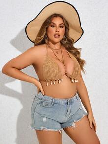 SHEIN Swim Curve Summer Plus Size Women's Shell Crochet Cover Up Top - Khaki - View 3