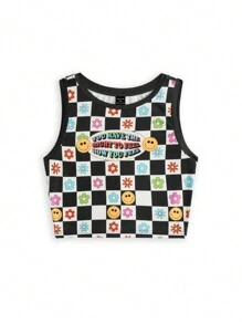 themindfulbutterflyy Artist Girlcore Women's Plus Size Slim Fit Round Neck Cartoon Print Flower Pattern Tank Top, For Holiday, Vacation, Spring, Beach, Going Out, Festival, Ibiza Fits